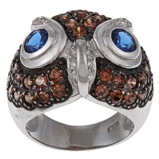 La Preciosa Sterling Silver Brown and Blue Cubic Zirconia Owl Ring