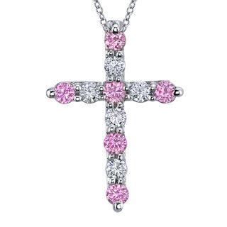 14k Gold Pink Sapphire and 3/4ct TDW Diamond Cross Necklace (H I, SI2