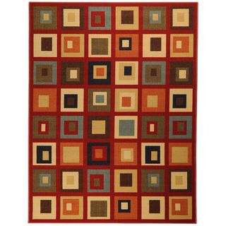 Printed Ottohome Contemporary Boxes Burgundy Runner Rug (5 x 66