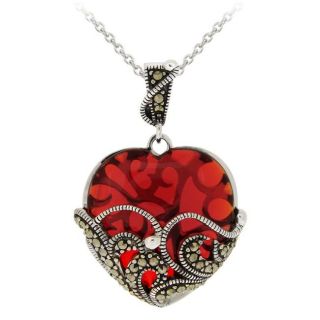 Glitzy Rocks Sterling Silver Red Glass and Marcasite Heart Necklace