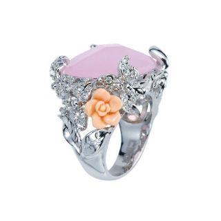 Silvertone Rose Stone, Crystal and Resin Florets Filigree Ring