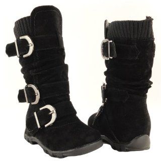 Black Toddler Youth Girls Faux Suede Knee High Buckle Flat Boots