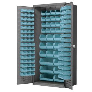Cabinet with Louvered Panels and 138 Light Blue AkroBins  