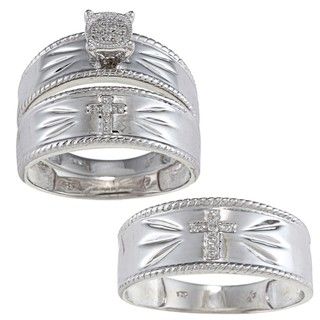Sterling Silver Diamond Accent Cross 3 piece His and Hers Bridal style