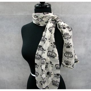 Creamy White Black Skull and Crown Sheer Fashion Scarf
