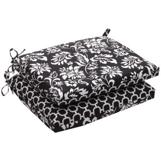 Outdoor Black and White Floral Squared Reversible Seat Cushion (Set of