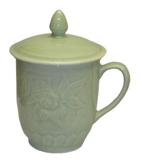 Celadon covered coffee / tea mugs   goldfish design, set
