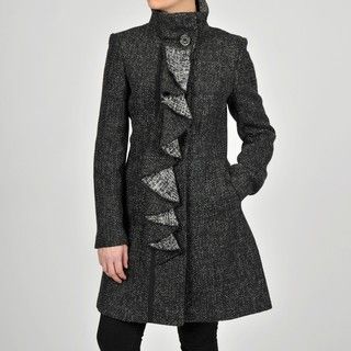 Tahari Womens Tweed Ruffle Front Wool blend Coat