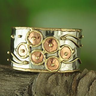 Handcrafted Hammered Brass/ Copper Happy Circles Cuff Bracelet (India