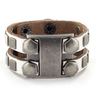 White Leather Metal Bolt Head and Square Stud Bracelet