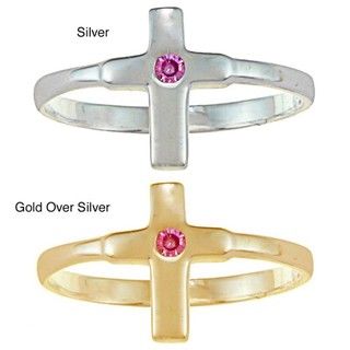 Gold over Silver/ Sterling Silver Pink CZ Cross Baby Ring
