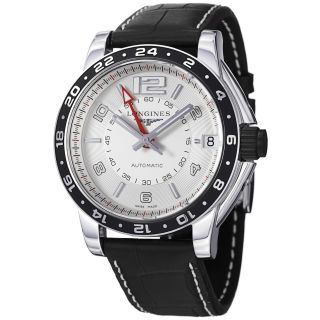 Longines Mens Admiral Silver GMT Dial Black Leather Strap Watch