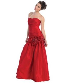 Ladies Red Long Strapless Evening Dress Stoned Rose Trim