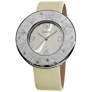 Vernier Womens Silvertone Etched Thin Round Bezel Strap Watch