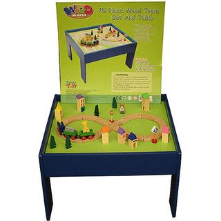 Wood World 45 piece Wooden Toy Train Set with Multipurpose Table