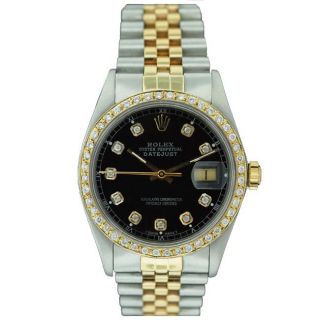 Pre owned Rolex Mens Datejust Two tone Black Dial Diamond Watch