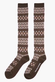 White Mountaineering Olive Tall Diamond Pattern Knit Socks for men