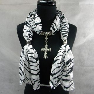 Black and White Zebra Print Fashion Jewelry Scarf With Cross Pendant