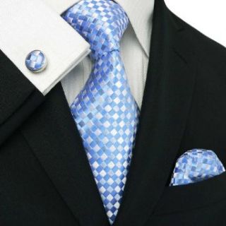 Landisun 192 Light Blue Plaids & Checks Mens Silk Tie Set