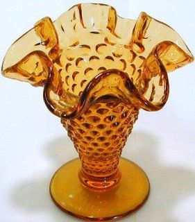 GL191   Fenton small hobnail amber glass ruffled vase