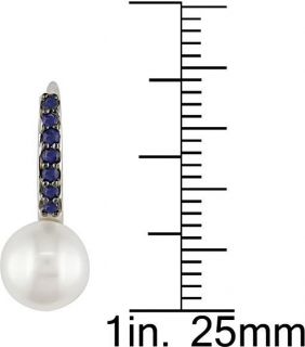 14k White Gold Sapphire Cultured Pearl Earrings (8 9 mm)
