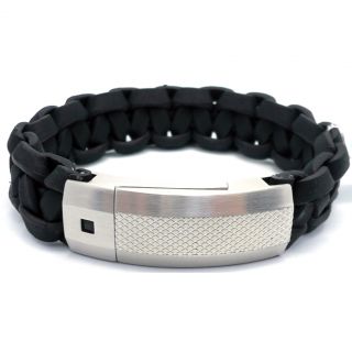 Stainless Steel and Black Leather Mens Black Cubic Zirconia Bracelet