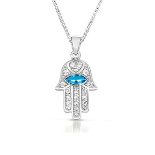 Sterling Silver Blue and Clear Cubic Zirconia Hamsa Evil Eye