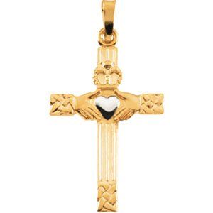 14K Yellow / White Gold Claddagh Cross Pendant Jewelry