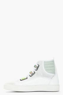 Raf Simons White & Green Holographic Velcro High Top Sneakers for men