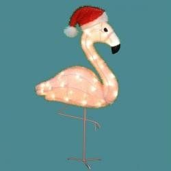 32 Pre Lit Pink Flamingo with Santa Claus Hat Soft Tinsel
