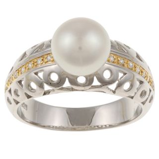 Kabella Two tone Silver FW Pearl and Cubic Zirconia Ring (8 9 mm