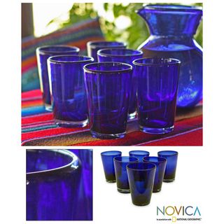 Set of 6 Hand blown Glass Cobalt Angles Drinking Glasses (Mexico