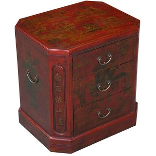 Hand painted Red Bonded Leather Oriental Accent End Table