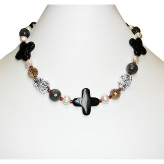 Sterling Silver Black Agate, Onyx, Red Coral, Crystal and Pearl