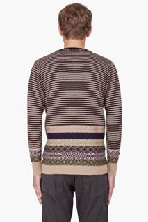 White Mountaineering Taupe Striped Border Knit Cardigan for men