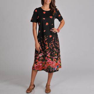 La Cera Womens Short sleeve Black Floral Print A line Dress