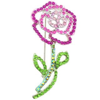Silvertone Pink and Green Crystal Rose Flower Brooch