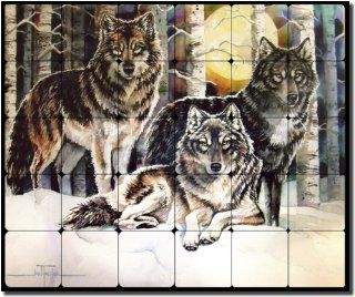 3 Wolves by Jan Taylor   Wolf Animal Tumbled Marble Mural