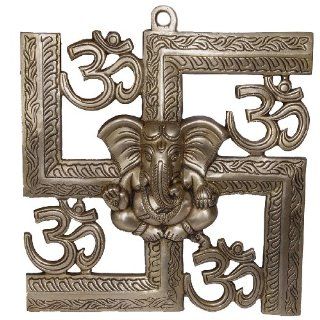 Hindu God Ganesha Swastika Om Symbol Brass Sculpture Wall