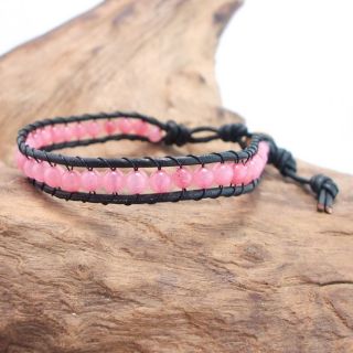 Pink Rhodonite Round Charm Single Strand Leather Bracelet (Thailand