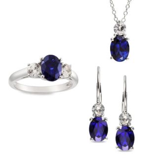 Sterling Silver Created Sapphire Necklace, Earrings and Ring Set