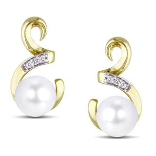 Miadora 10k Yellow Gold Freshwater Pearl and Diamond Accent Earrings