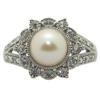Sterling Silver White FW Pearl and Created White Sapphire Ring (8 mm