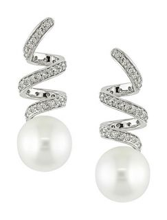 14k White Gold FW Round Pearl Spiral Earrings