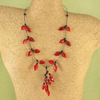 Handcrafted Ruby Red Baltic Amber Leaves Wire Necklace (Lithuania