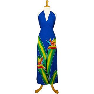 Hand painted Bird of Paradise Long Royal Blue Dress (Indonesia