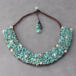 Handmade Mosaic Turquoise/ Pearl Collar Bib Necklace (Thailand