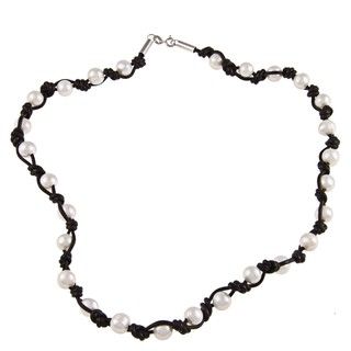 Sterling Silver Freshwater Pearl Leather Necklace (9 10 mm