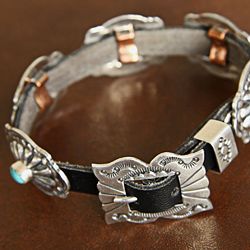 Leather and Silver Turquoise Conchos Bracelet (Native American