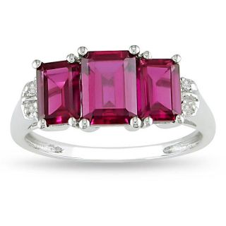 10k White Gold Created Ruby and Diamond 3 stone Ring